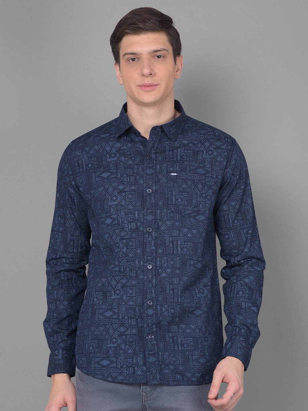 

Canary London Smart Slim Fit Geometric Printed Twill Cotton Casual Shirt, Navy blue