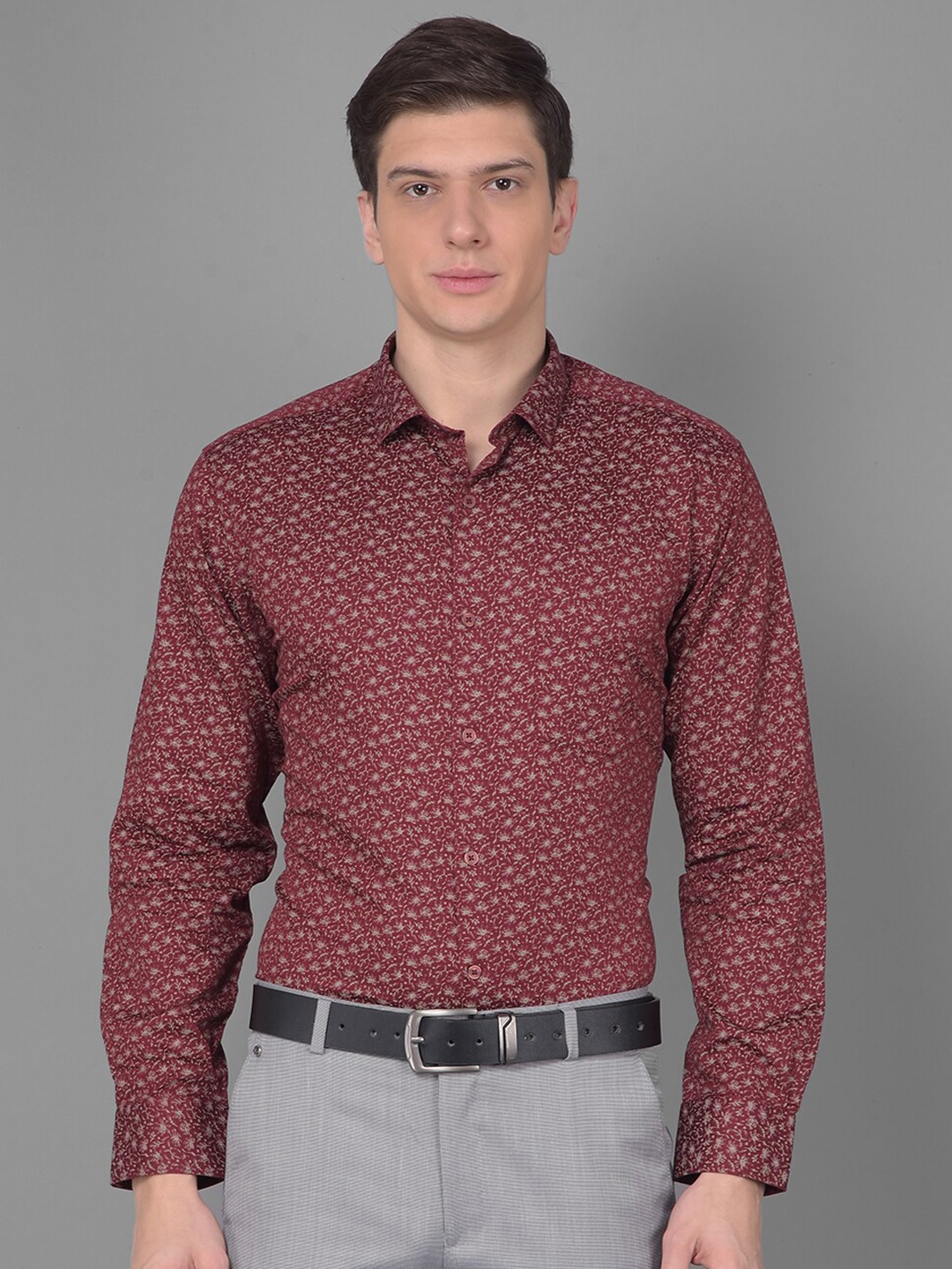 Canary London Smart Slim Fit Floral Printed Cotton Formal Shirt, Maroon