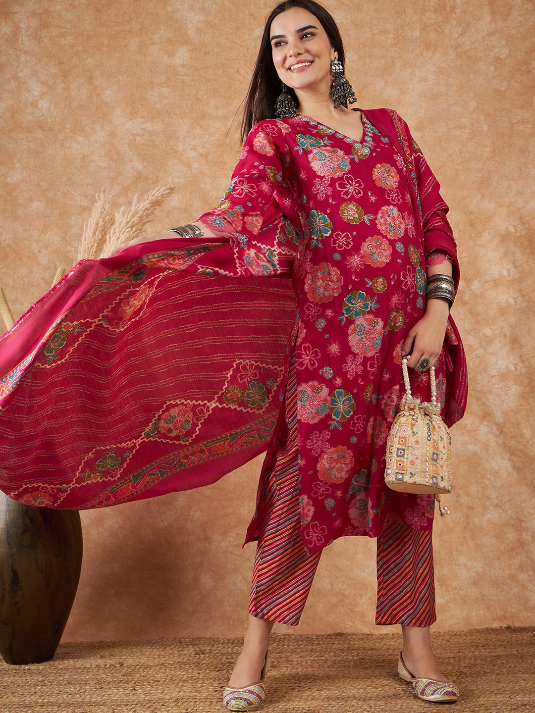 

Sangria Pink & Green Floral Printed Sequinned Pure Silk Kurta With Trouser & Dupatta