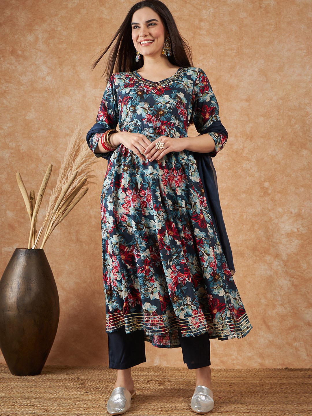 

Sangria Floral Printed Pure Silk A Line Kurta With Trousers & Dupatta, Navy blue