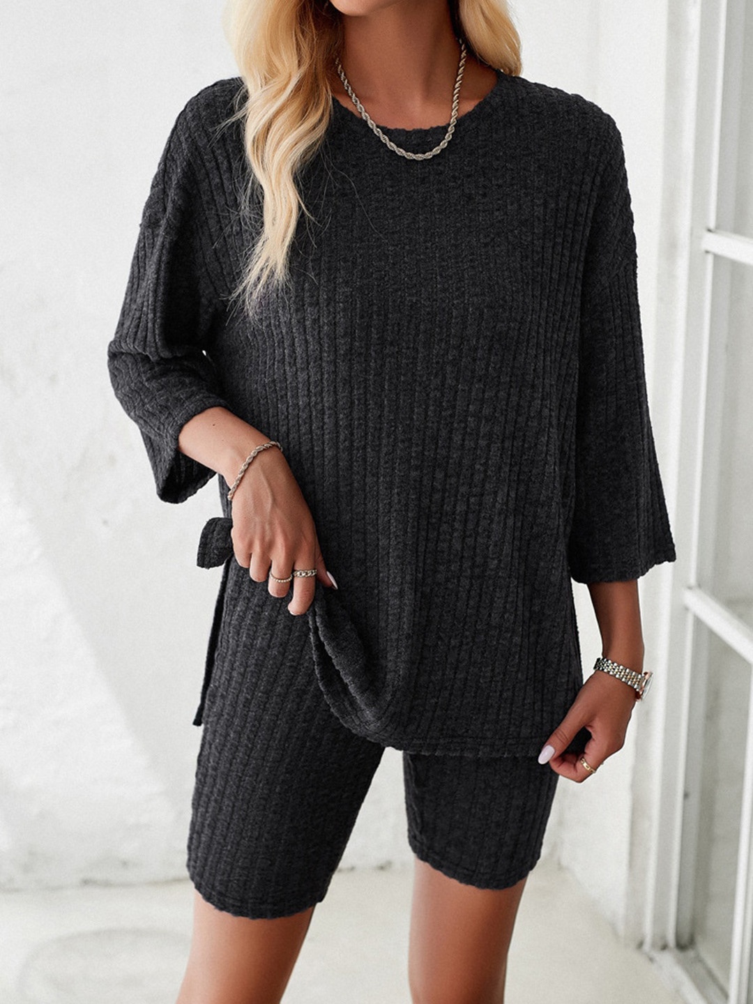 

StyleCast Grey Self Design Round Neck Top With Shorts
