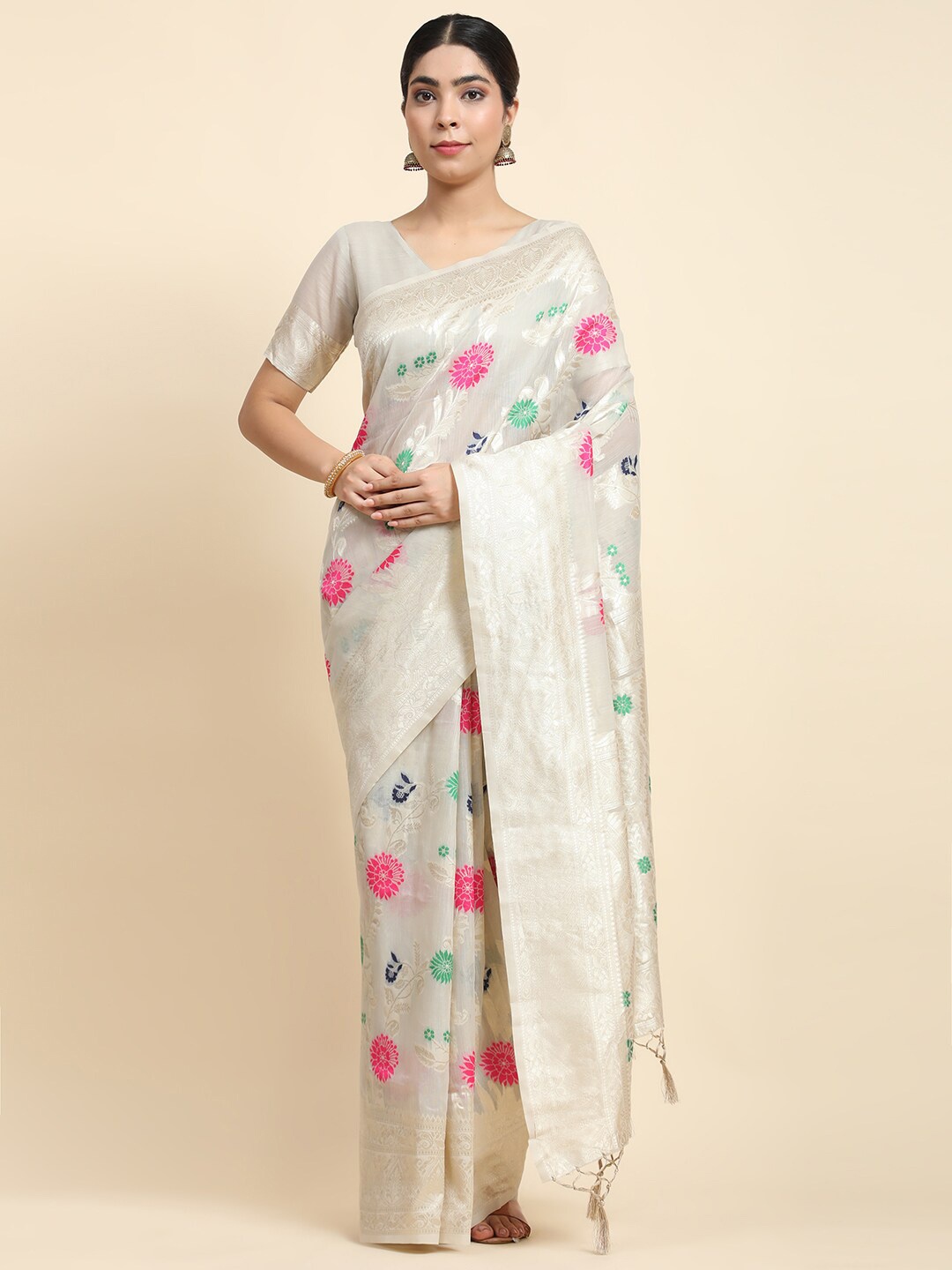 

JUST FASHION Floral Woven Design Zari Detail Saree, Grey