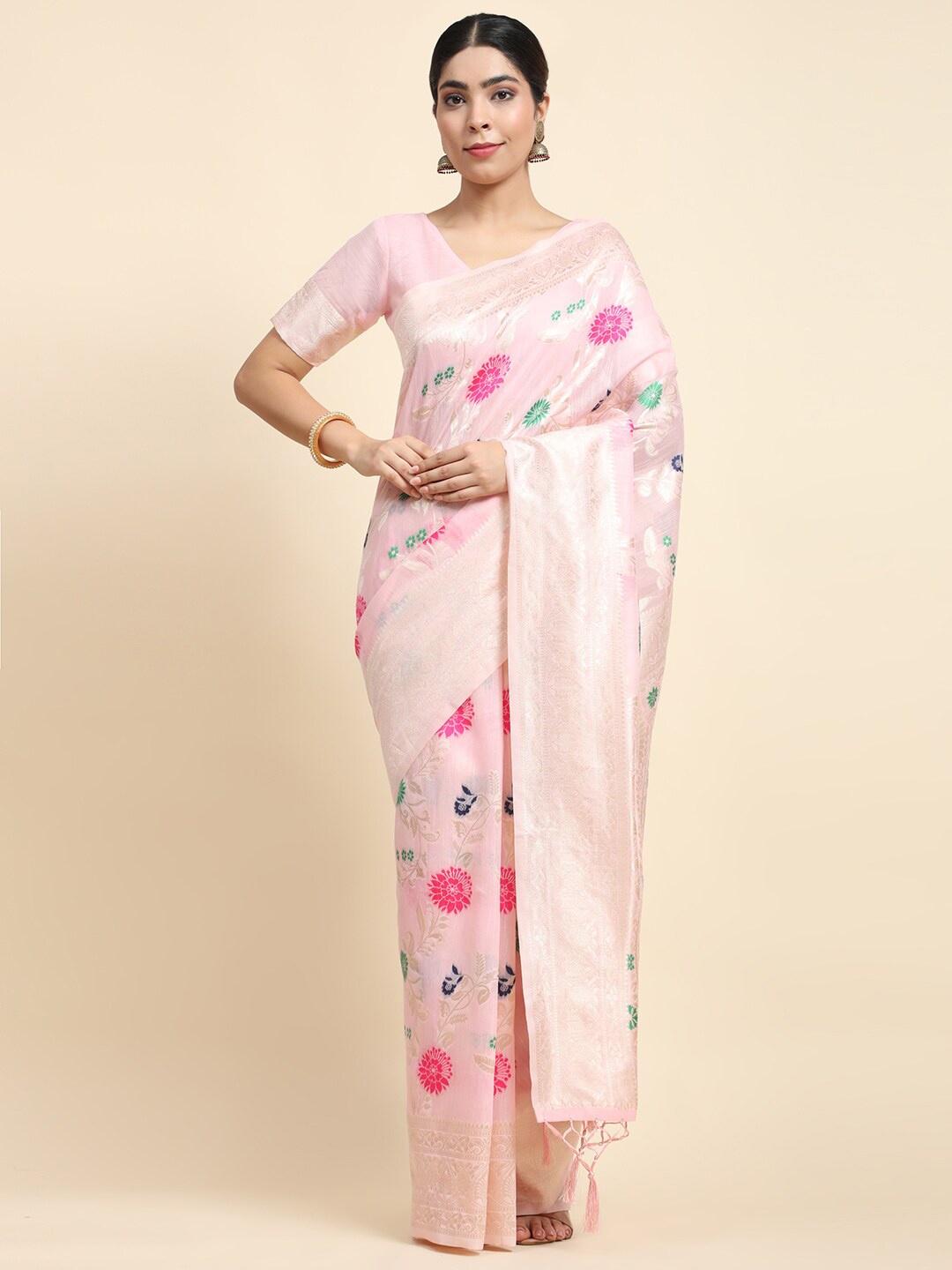 

JUST FASHION Floral Woven Design Zari Detail Saree, Pink