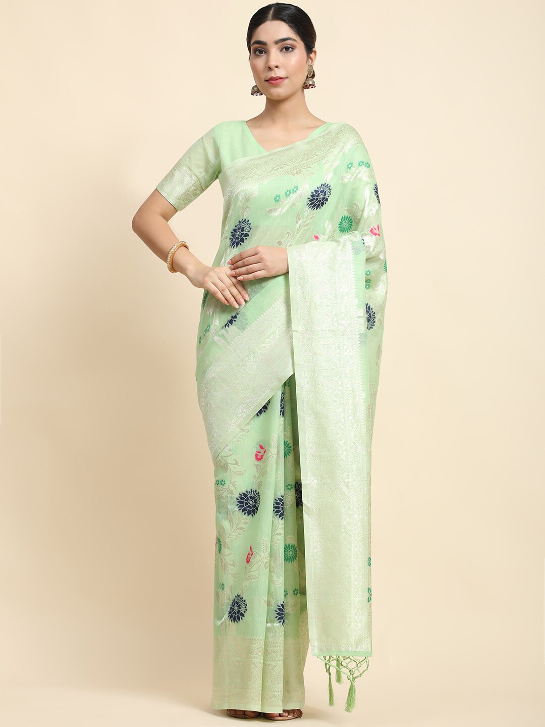 

JUST FASHION Floral Woven Design Zari Detail Saree, Green