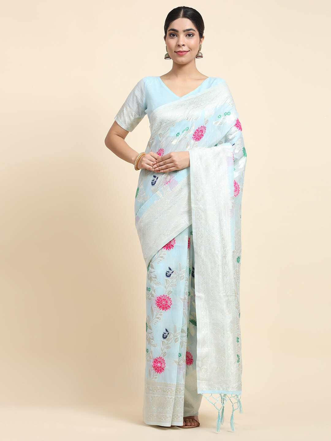 

JUST FASHION Floral Woven Design Zari Detail Saree, Blue