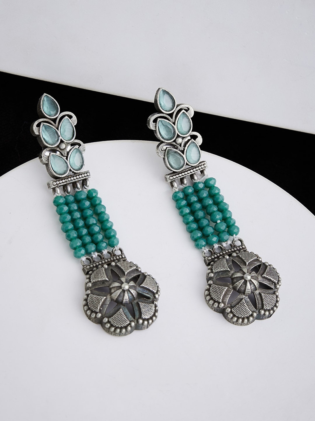 

ATIBELLE Silver-Plated Artificial Stones & Beads Studded Drop Earrings