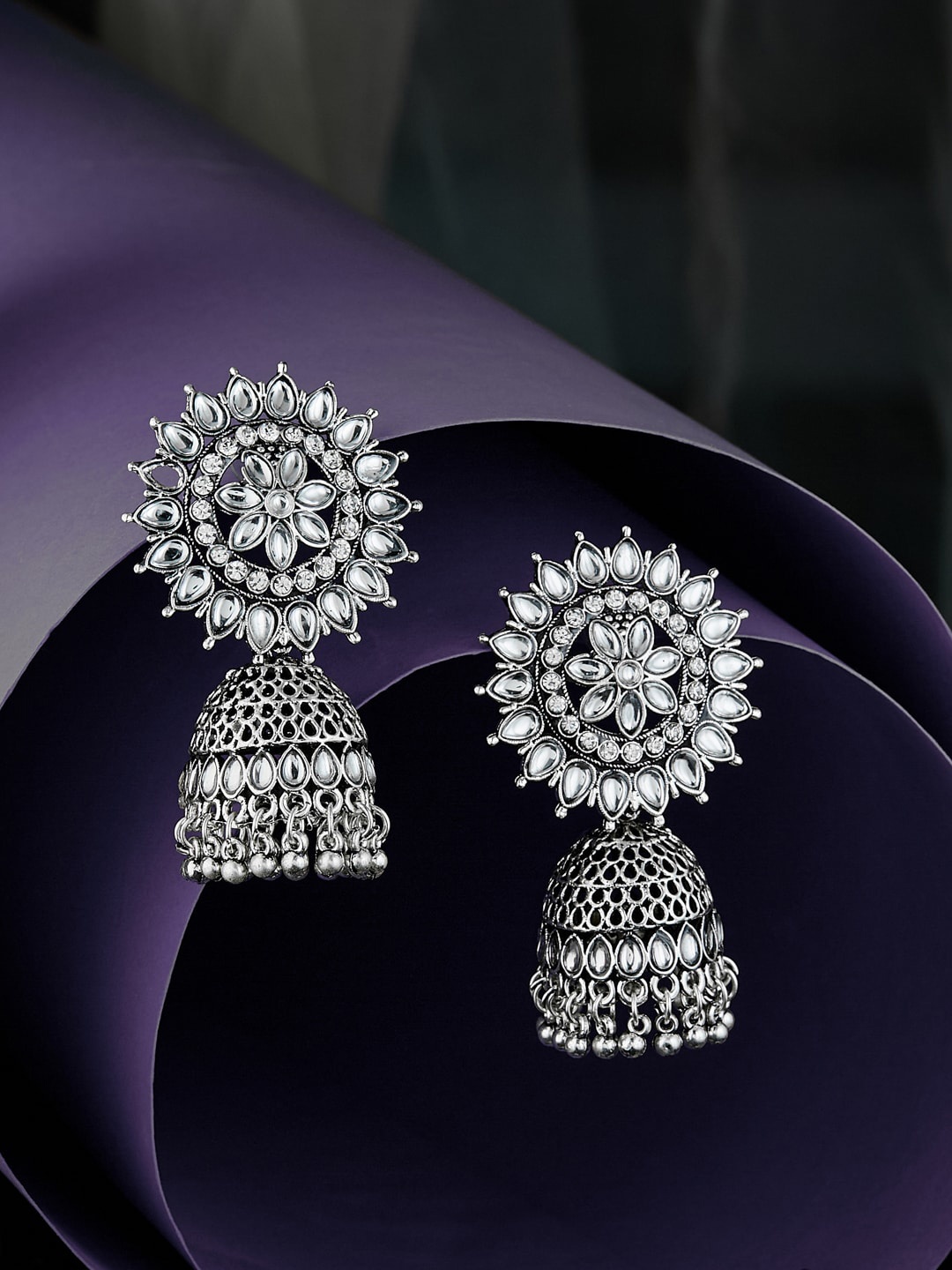 

ATIBELLE Silver-Plated Kundan-Studded Jhumkas