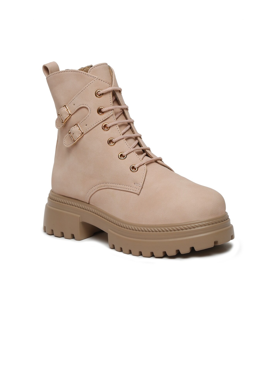 

VALIOSAA Women Heeled Buckle Detail Mid-Top Regular Boots, Nude