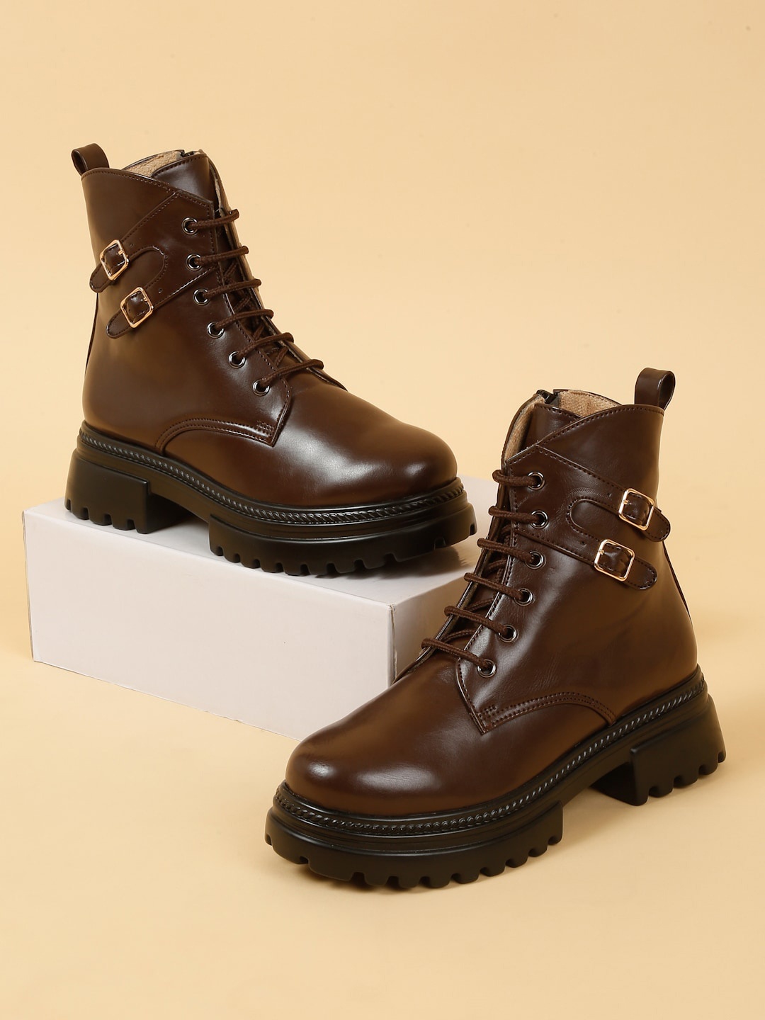 

VALIOSAA Women Mid Top Platform Heeled Monk Straps Boots With Buckle Detail, Brown