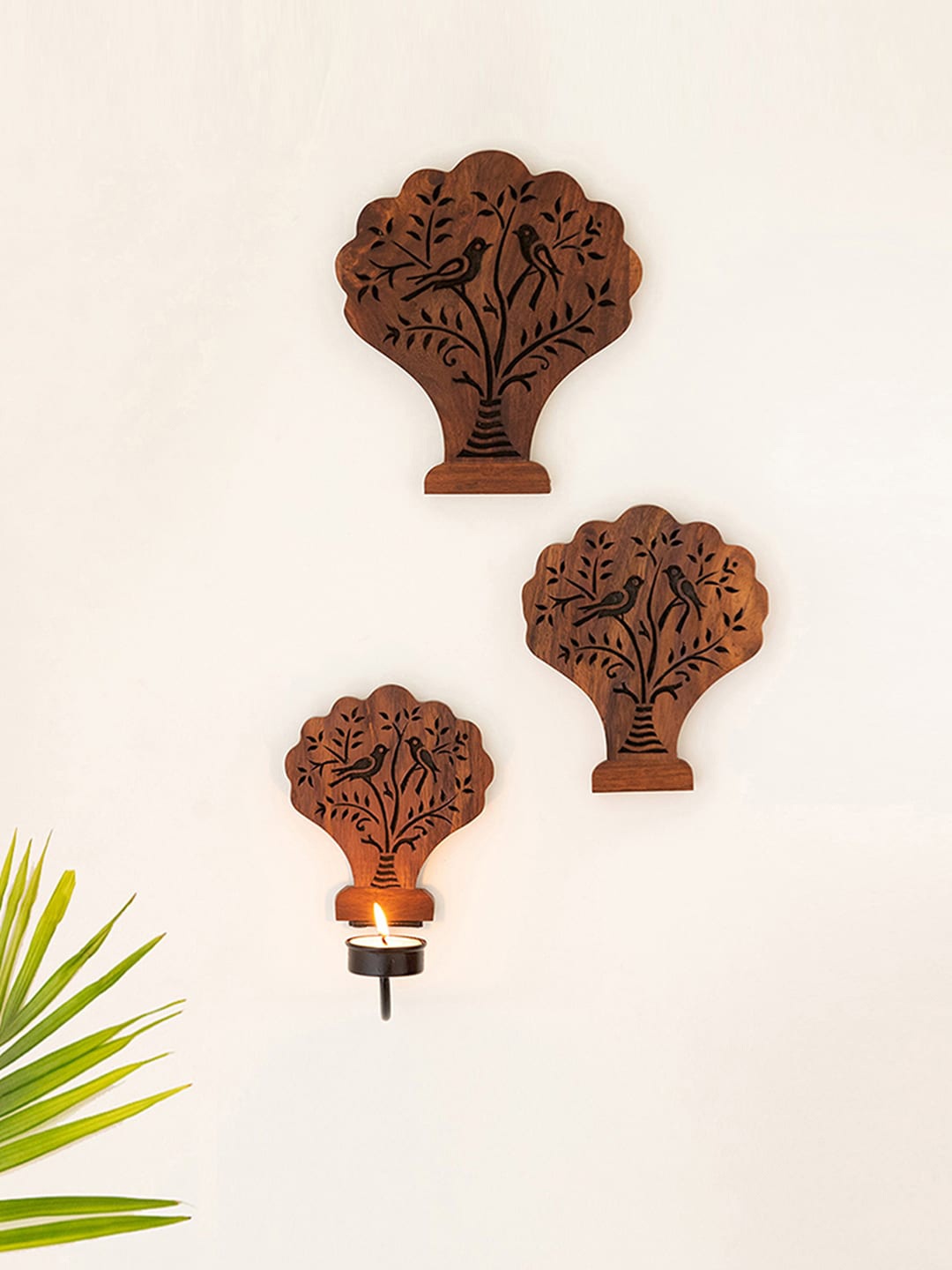 

ExclusiveLane 3 Pieces Sheesham Brown Wood Wall Decor & Tea-Light Candle Holder