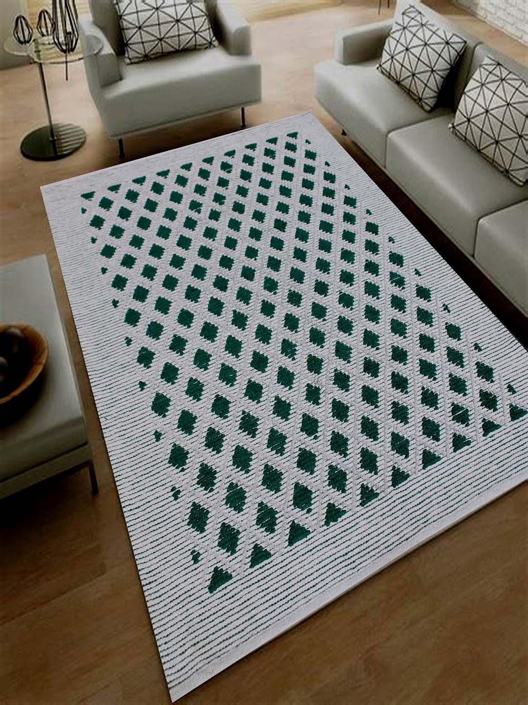 

MRIC Green White Geometric Cotton Carpet