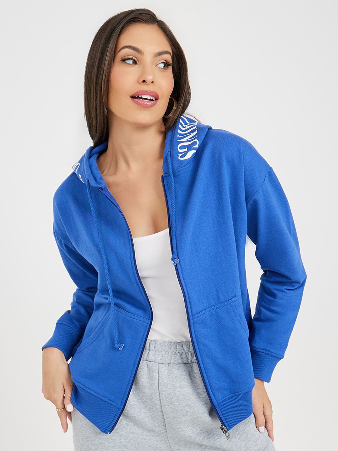 

Styli Blue Hooded Long Sleeves Cotton Front-Open Sweatshirt