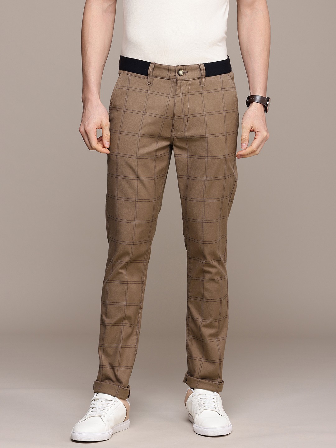 

Nautica Men Checked Slim Fit Trousers, Brown
