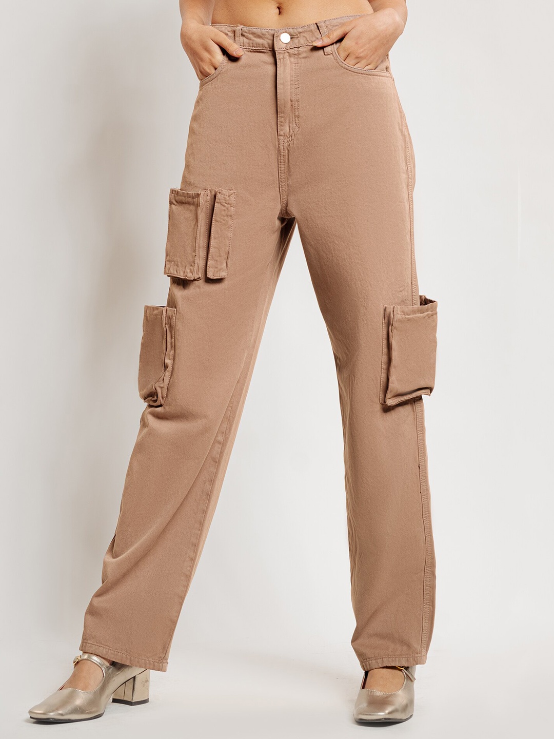 

FREAKINS Women Straight Fit High-Rise Pure Cotton Denim Cargo, Brown