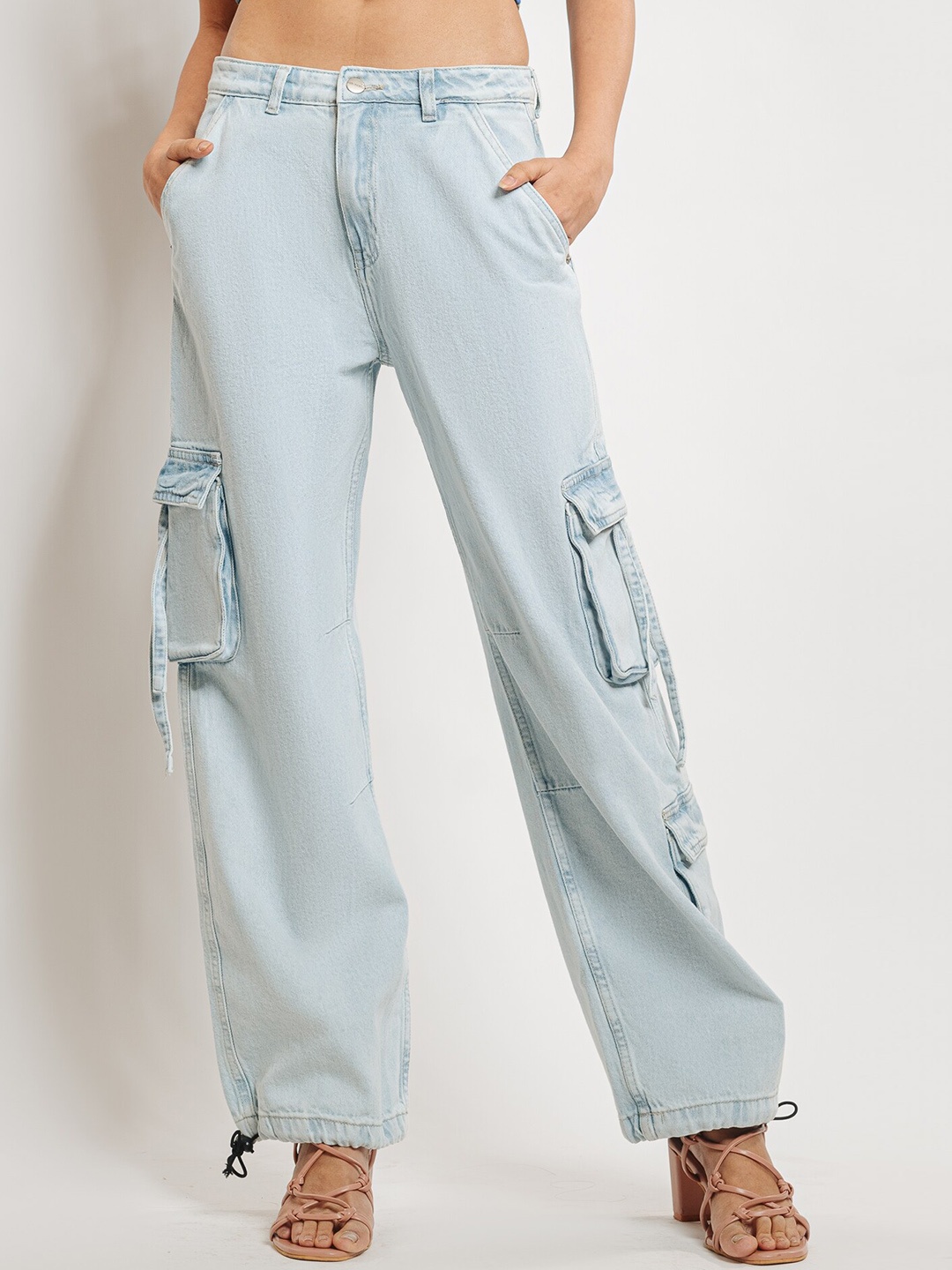 

FREAKINS Women Straight Fit High-Rise Pure Cotton Denim Cargo, Blue