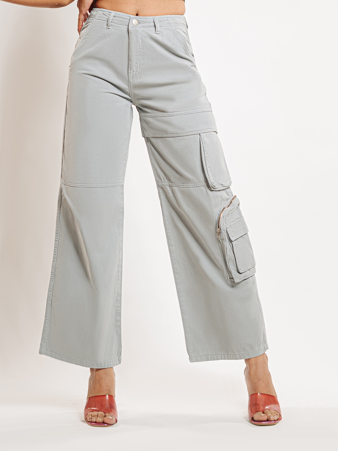 

FREAKINS Women Straight Fit High-Rise Pure Cotton Denim Cargo, Grey
