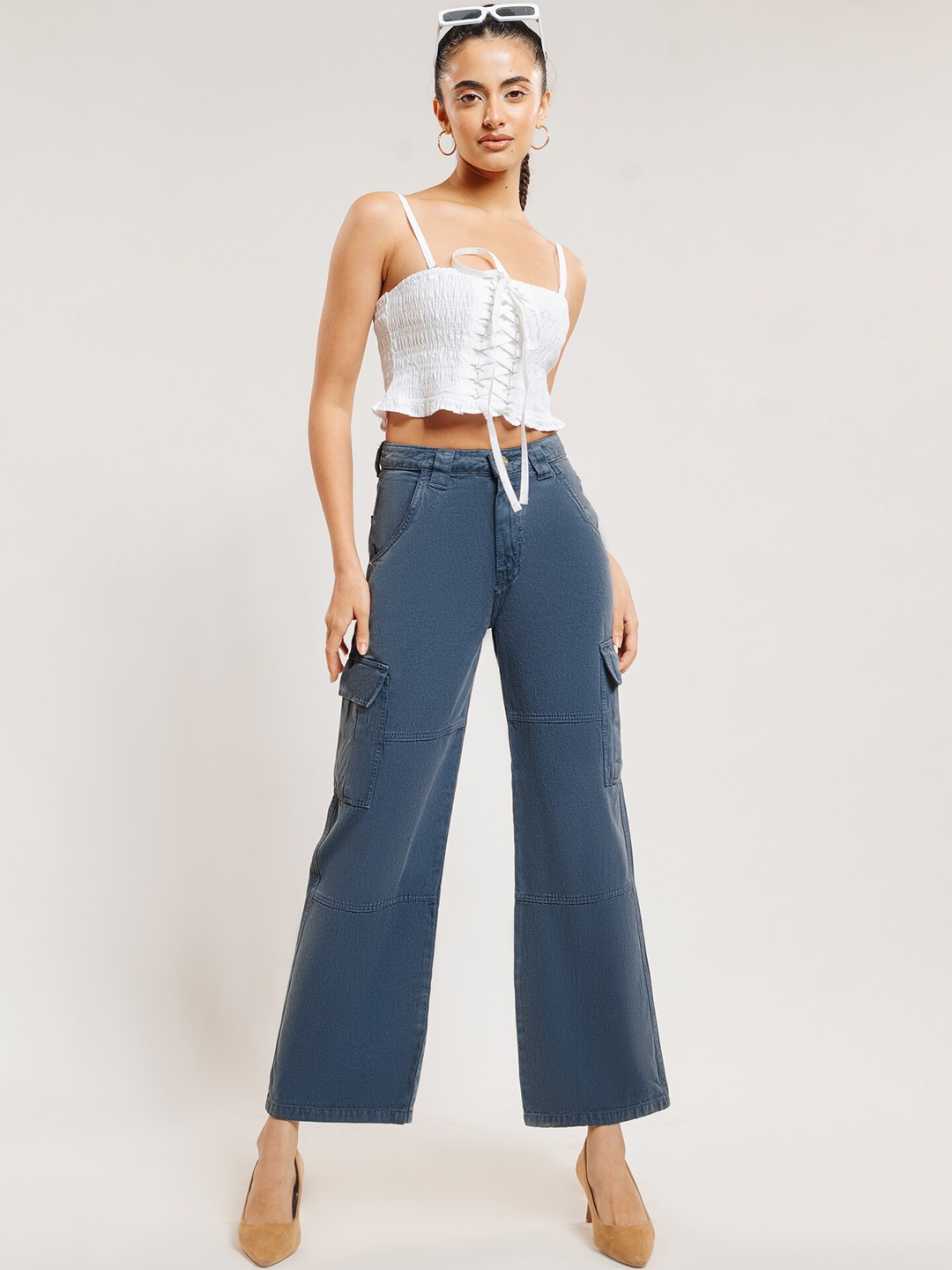

FREAKINS Women Straight Fit High-Rise Pure Cotton Denim Cargo, Navy blue