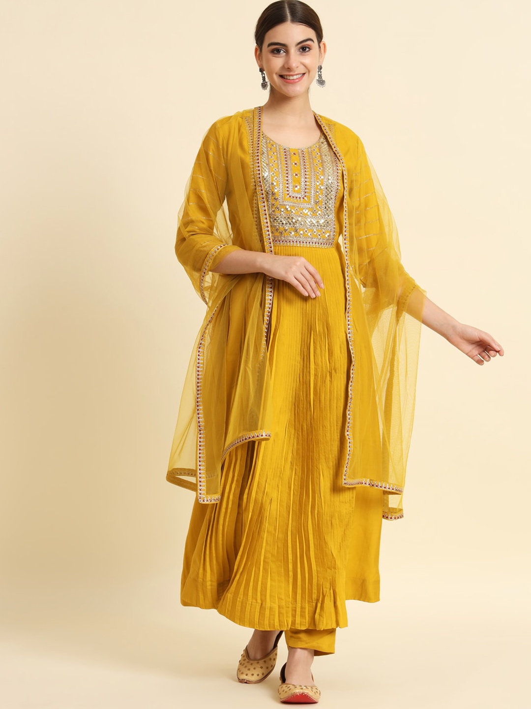 

THE52 Ethnic Yoke Design Pleated Sequinned Chanderi Silk Kurta With Trousers & Dupatta, Yellow