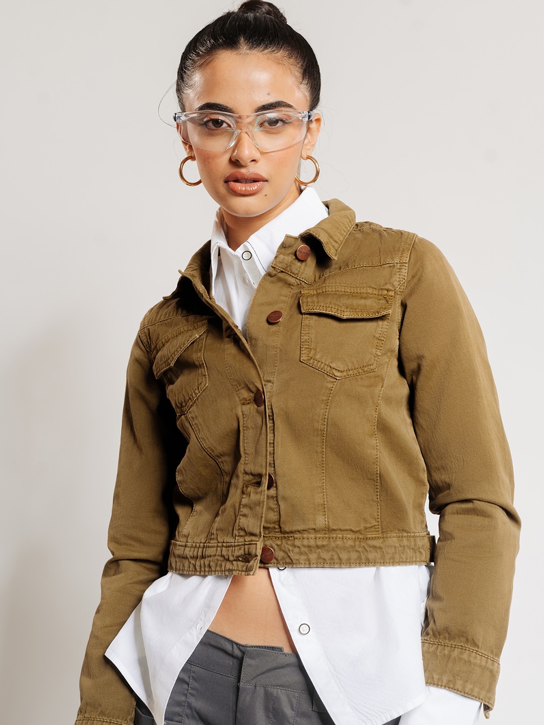 

FREAKINS Spread Collar Crop Cotton Denim Jacket, Brown