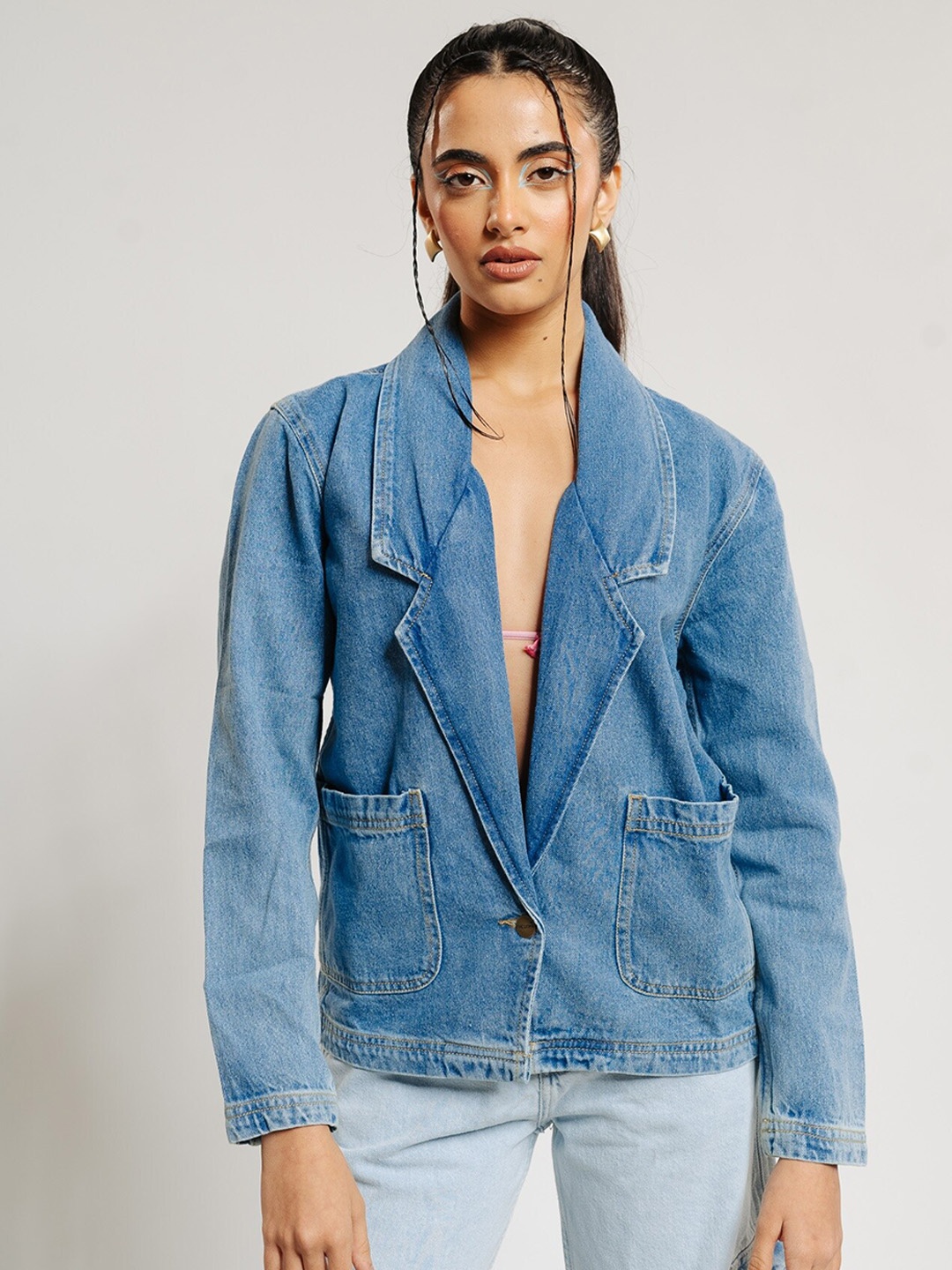 

FREAKINS Blue Lapel Collar Long Sleeves Cotton Denim Jacket