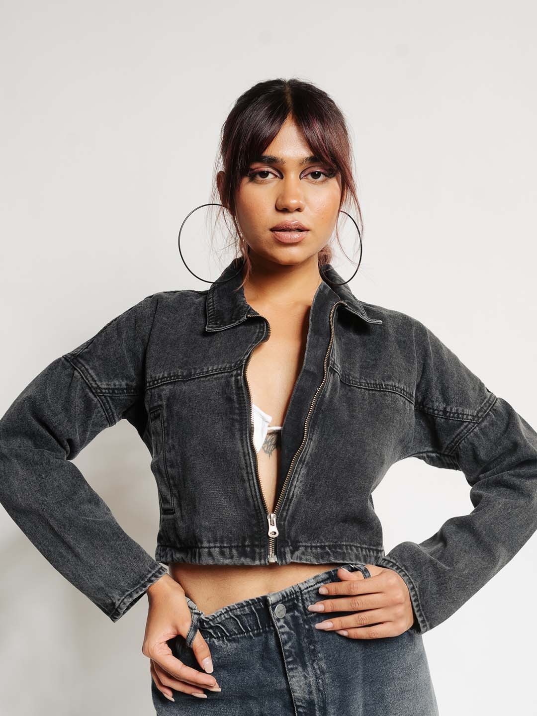 

FREAKINS Washed Cotton Crop Denim Jacket, Black