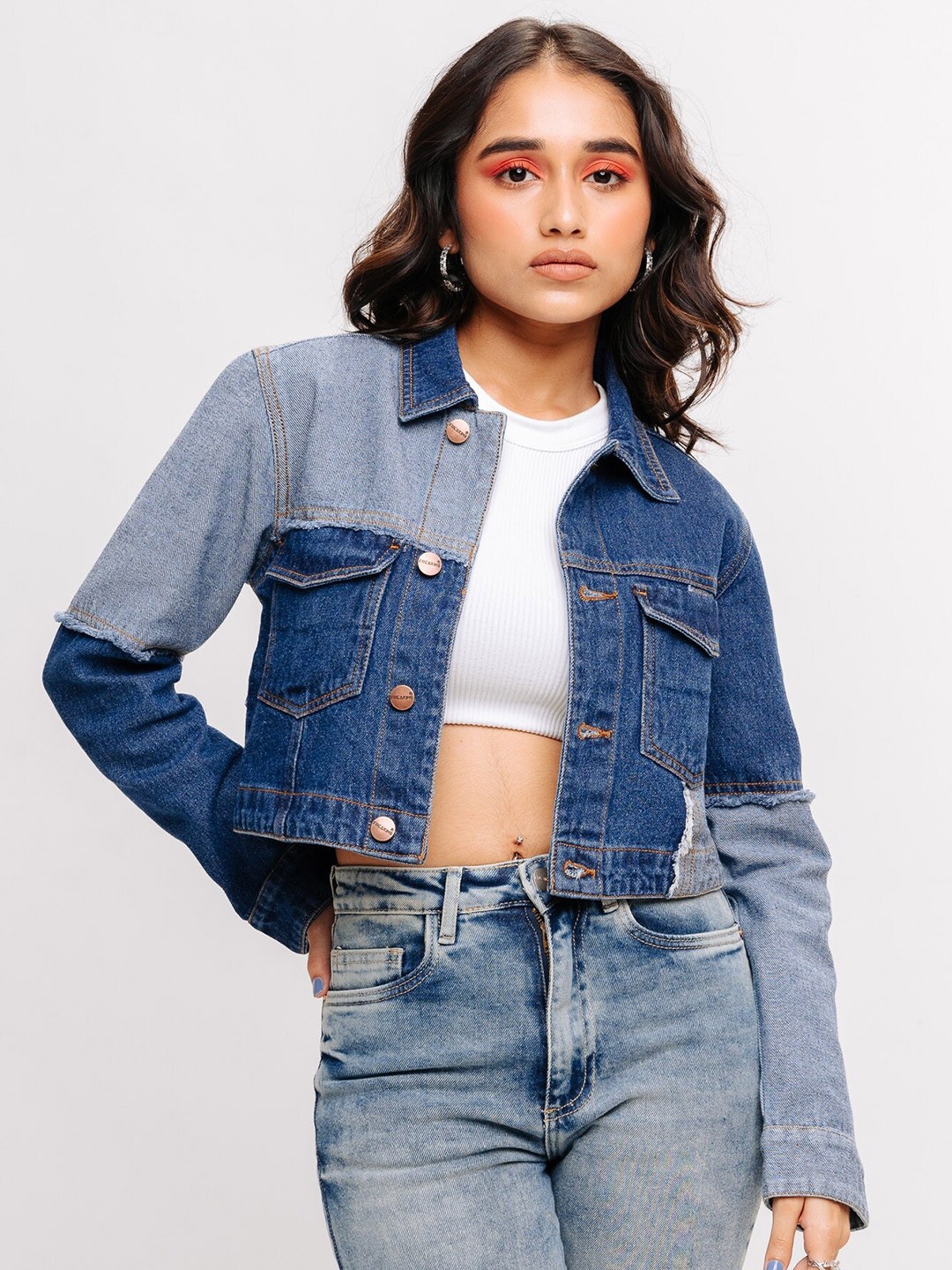 

FREAKINS Washed Cotton Crop Denim Jacket, Blue