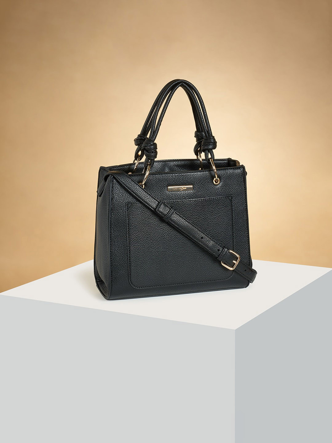 

Forever Glam by Pantaloons Textured Structured PU Handheld Bag, Black