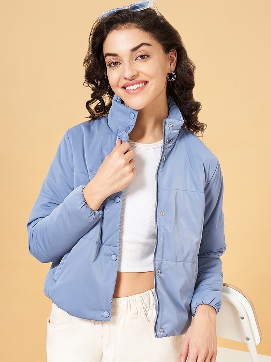 

Honey by Pantaloons Mock Collar Long Sleeves Crop Padded Jacket, Blue