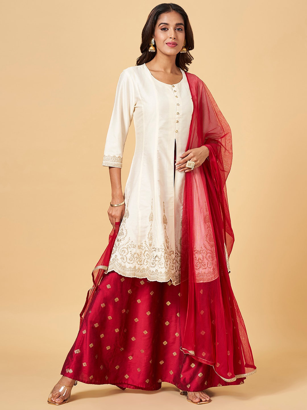 

RANGMANCH BY PANTALOONS Ethnic Motifs Embroidered Thread Work Kurta With Skirt & Dupatta, Off white