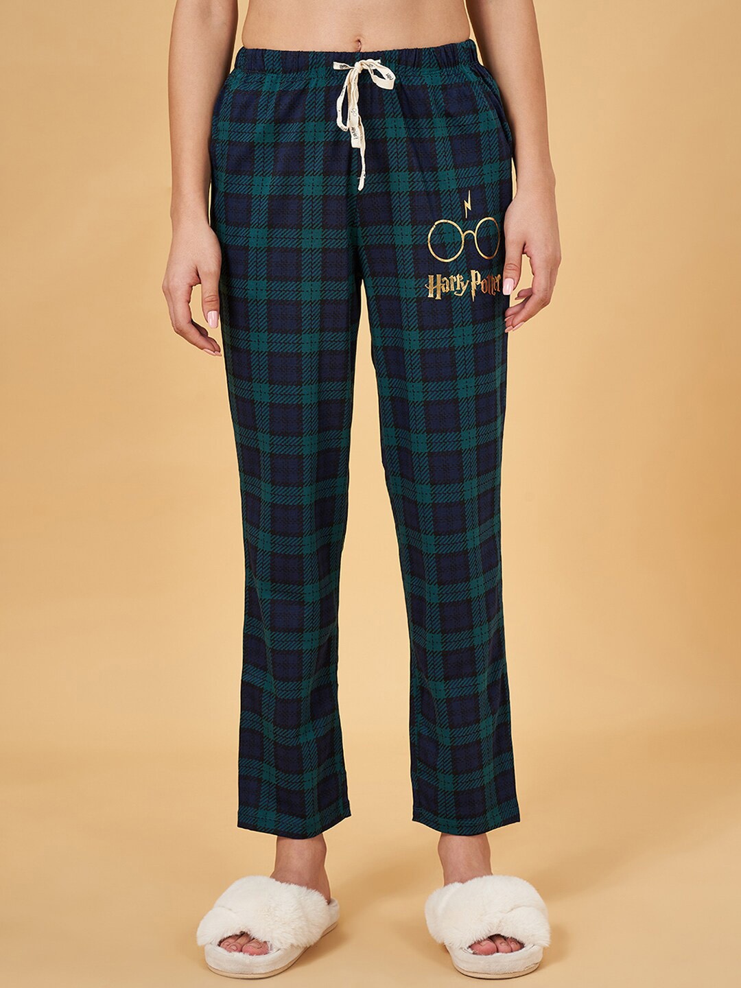 

Dreamz by Pantaloons Women Checked Mid-Rise Cotton Straight Lounge Pants, Teal