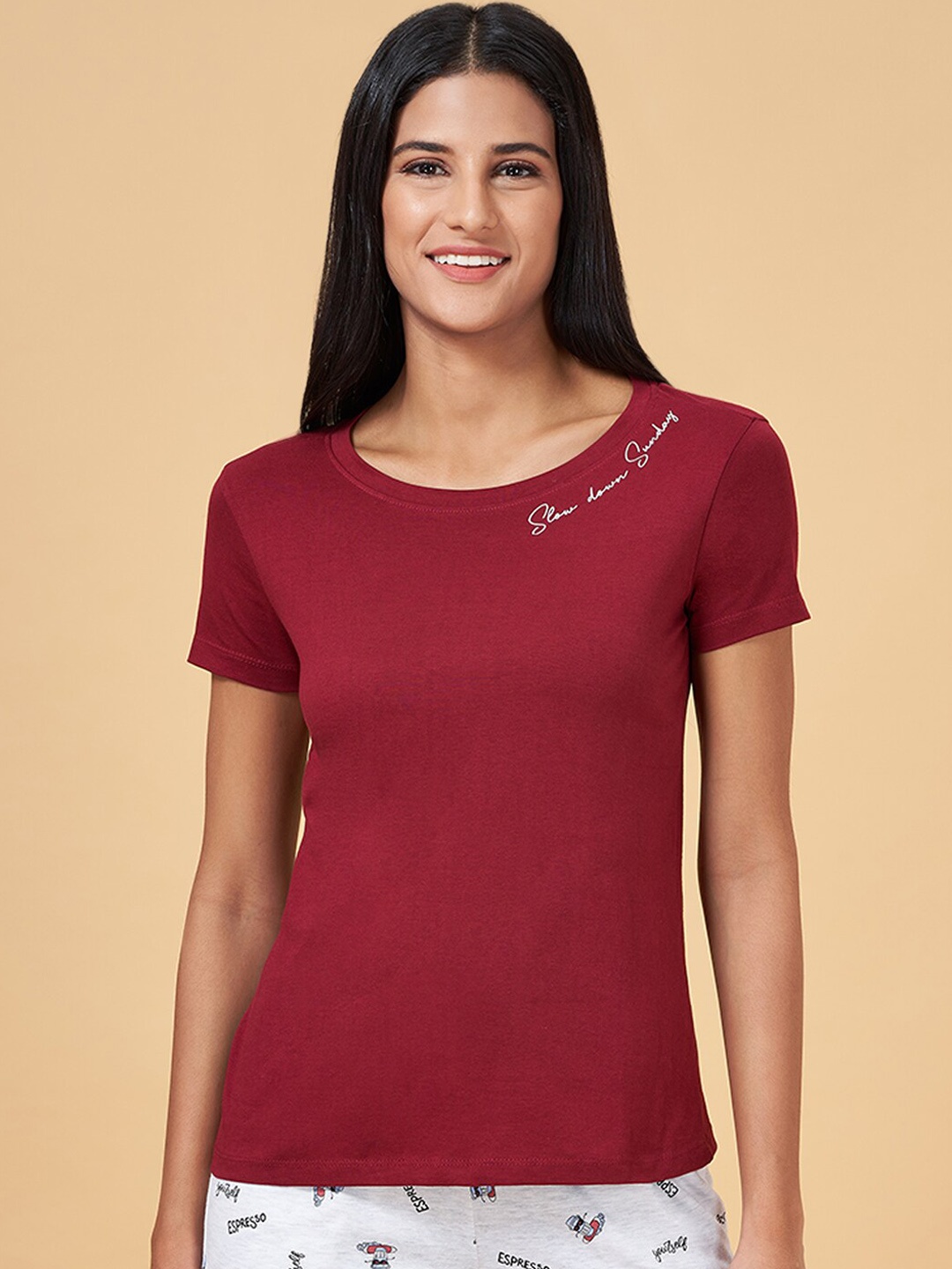 

Dreamz by Pantaloons Printed Cotton Lounge T-shirt, Maroon