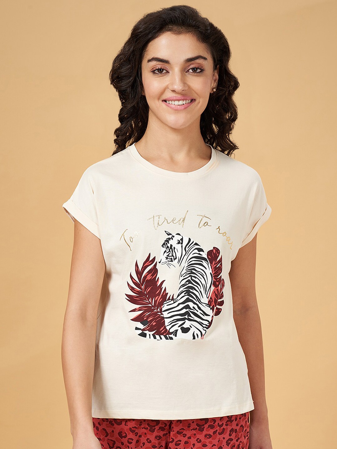 

Dreamz by Pantaloons Printed Extended Sleeves Cotton Lounge T-Shirt, Off white