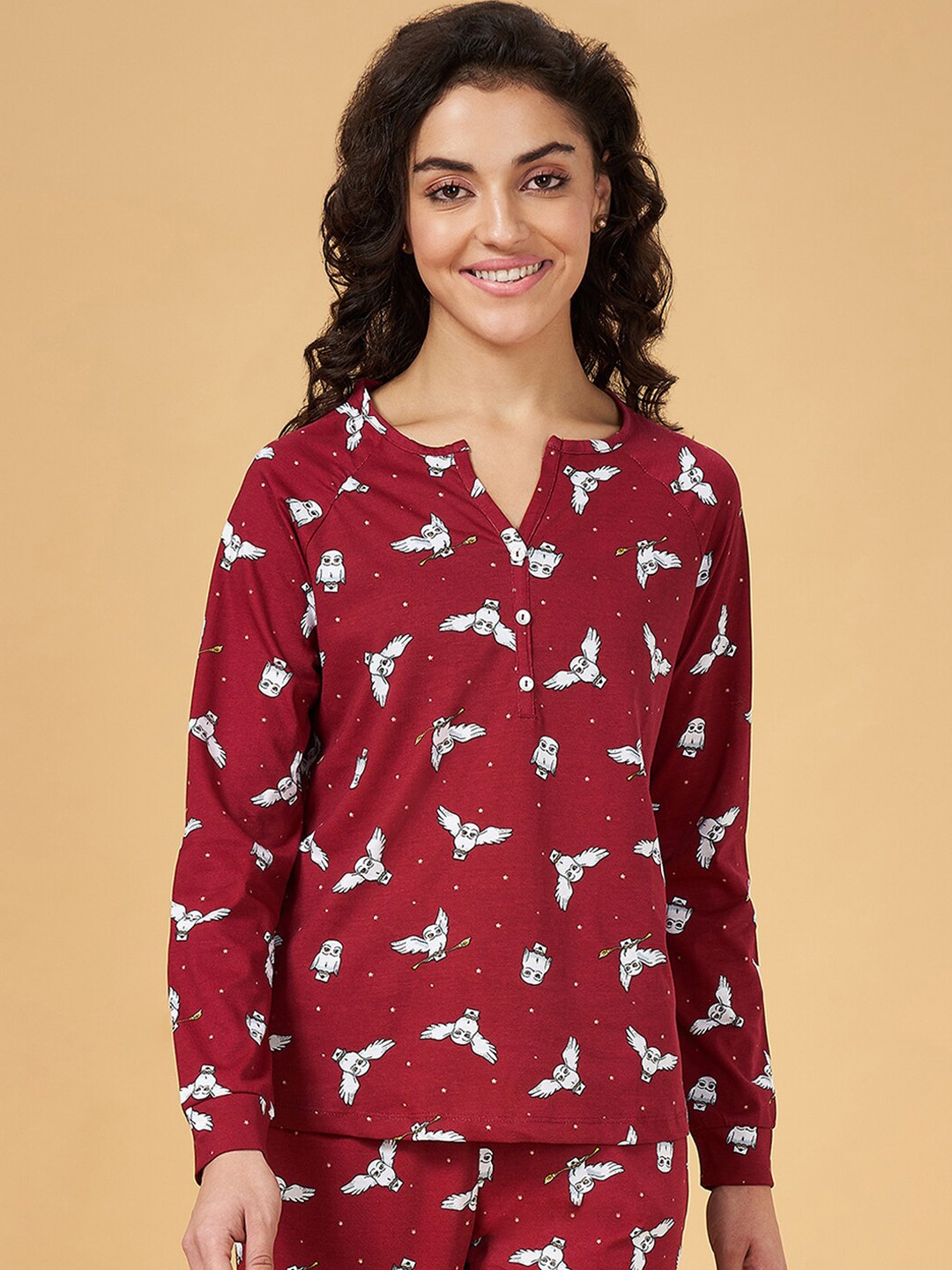 

Dreamz by Pantaloons Printed Raglan Sleeves Cotton Lounge T-shirt, Maroon