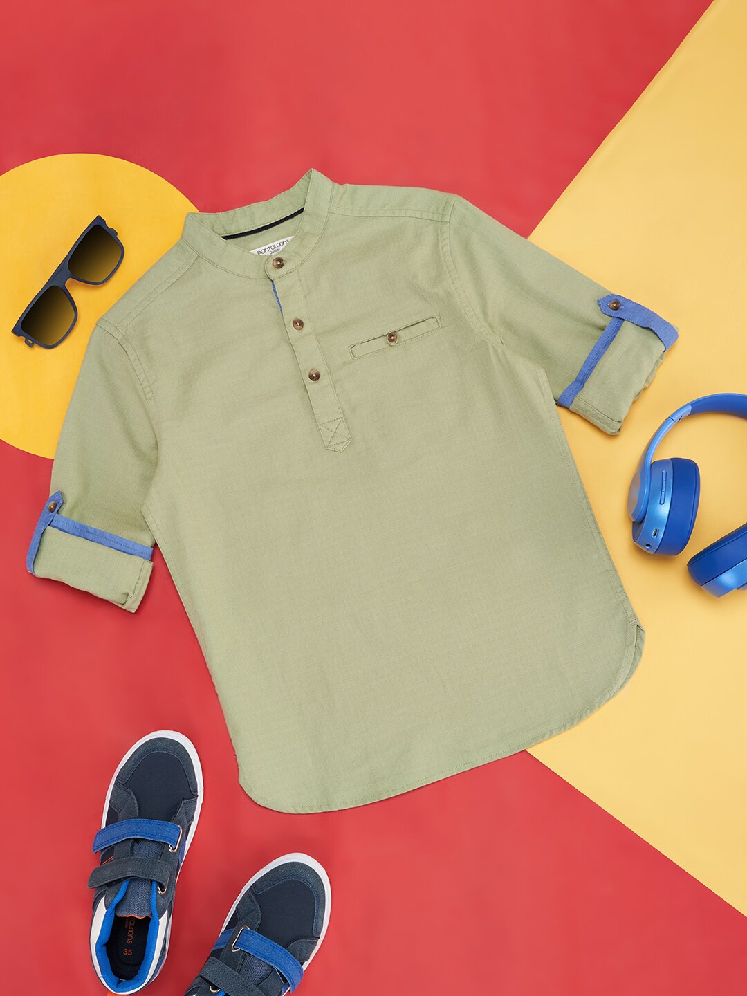 

Pantaloons Junior Boys Band Collar Cotton Casual Shirt, Green