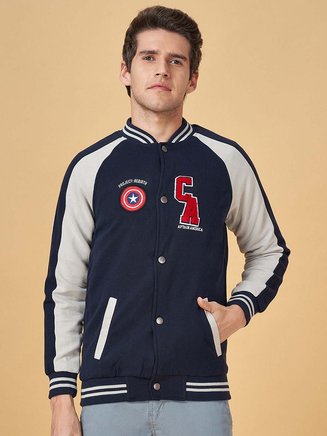 

Urban Ranger by pantaloons Captain America Printed Front-Open Sweatshirt, Navy blue