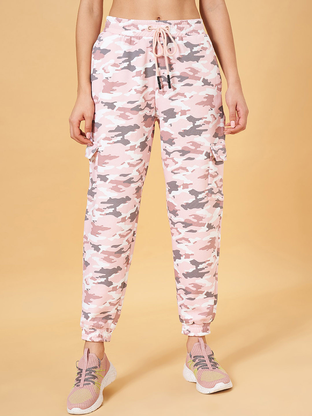 

Ajile by Pantaloons Women Camouflage Printed Relaxed Fit Cotton Mid Rise Cargo Joggers, Pink