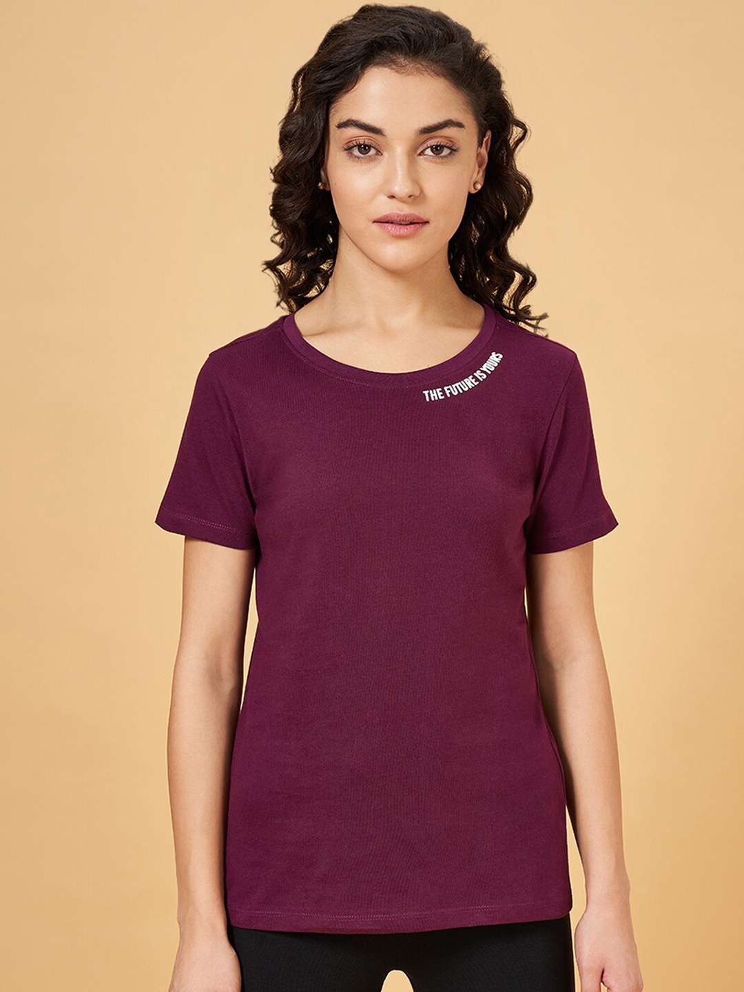 

Ajile by Pantaloons Typography Printed Cotton Sports T-shirt, Purple