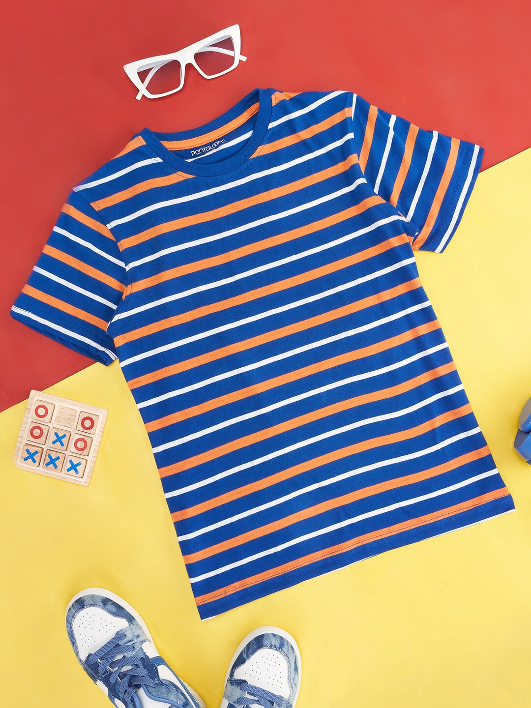 

Pantaloons Junior Boys Striped Round Neck Cotton T-shirt, Blue