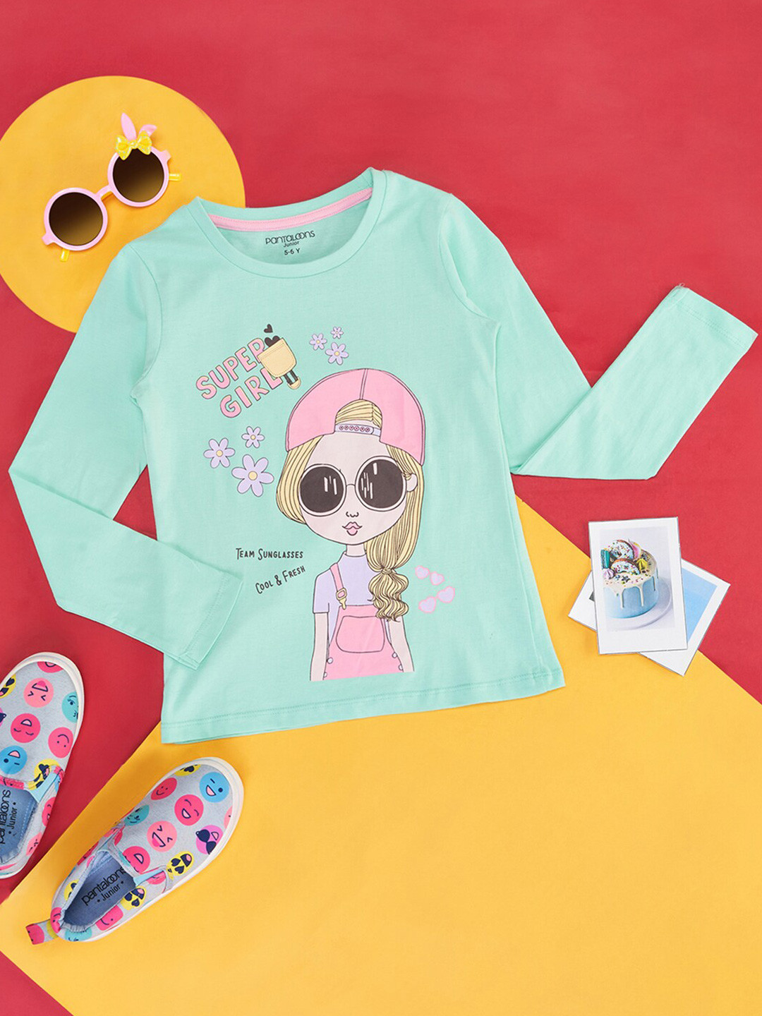 

Pantaloons Junior Girls Graphic Printed Long Sleeves Cotton T-shirt, Green