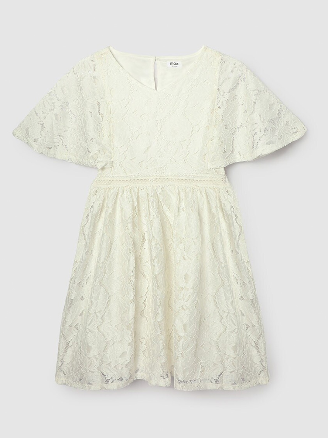 

max Girls Floral Self Design Flared Sleeves Pure Cotton A-Line Dress, White