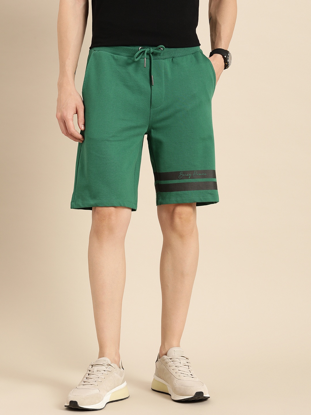 

Being Human Men Pure Cotton Striped Shorts, Green