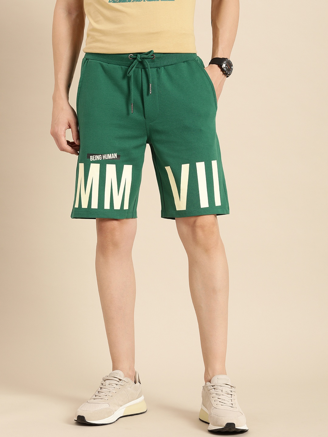 

Being Human Men Pure Cotton Typography Printed Shorts, Green