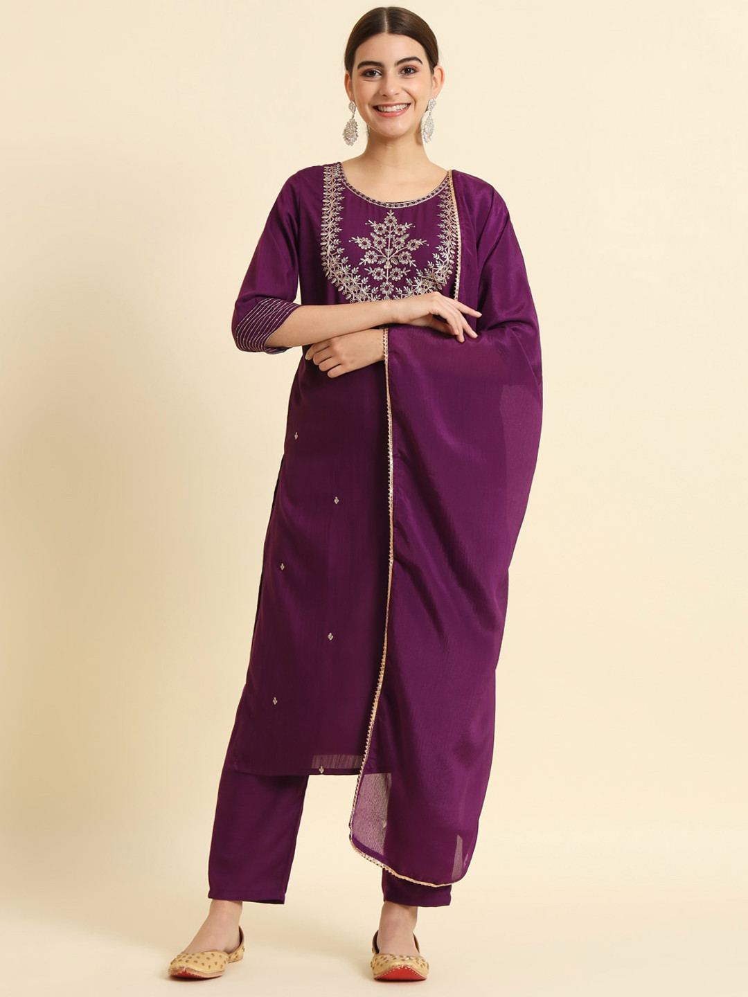 

THE52 Floral Embroidered Regular Thread Work Kurta With Trousers & Dupatta, Burgundy