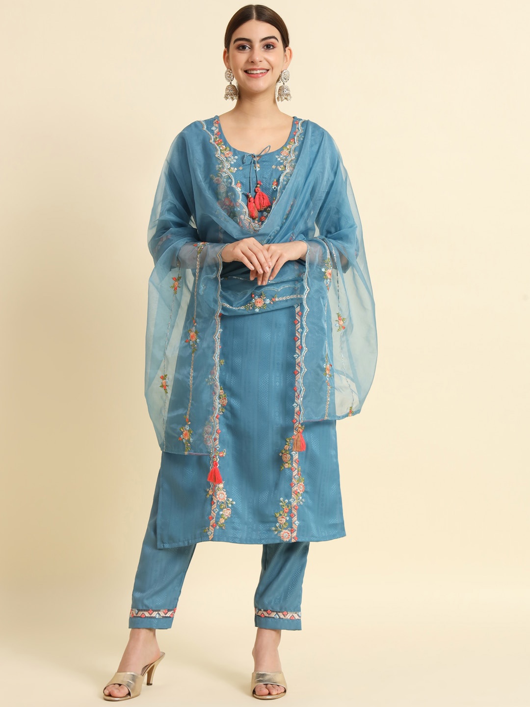 

THE52 Floral Embroidered Regular Thread Work Kurta With Trousers & Dupatta, Blue