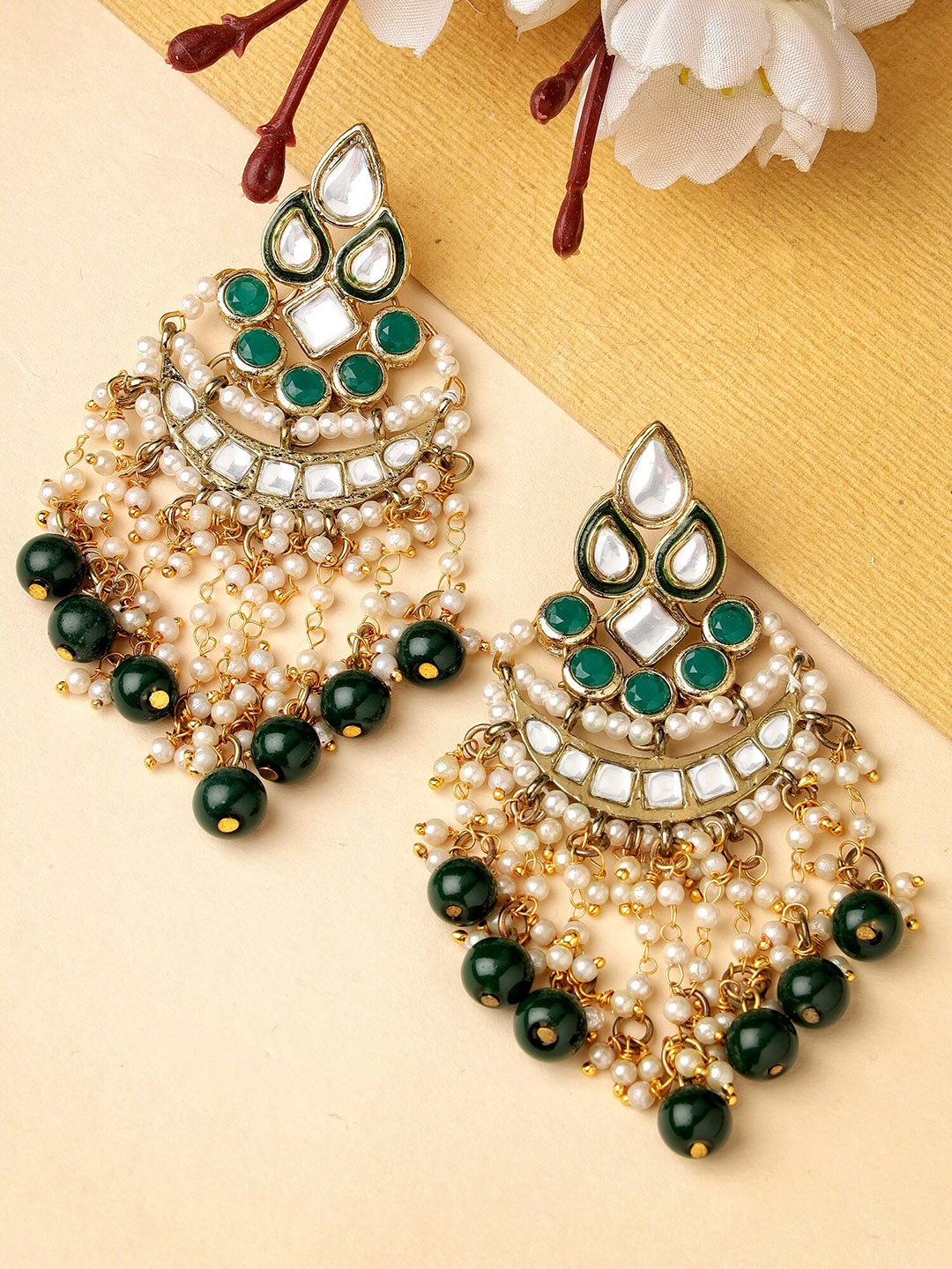 

KARATCART Gold Plated Kundan Drop Earrings, Green