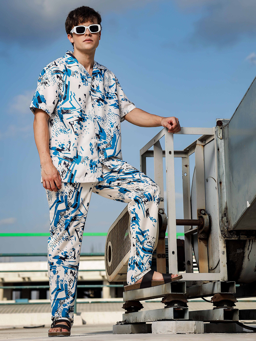 

House of Koala Unisex Abstract Printed Short sleeves Shirt With Trousers Co-Ords Set, Cream