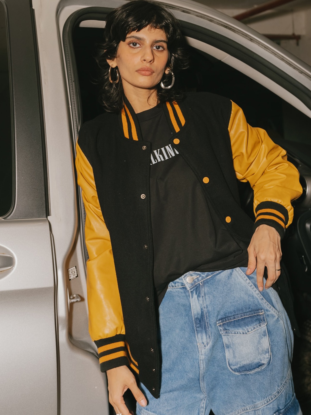 

FREAKINS Colourblocked Mandarin Collar Varsity Jacket, Black