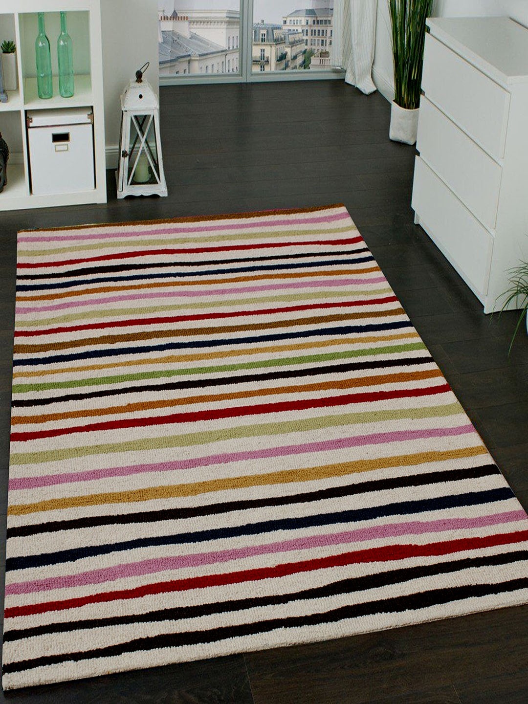 

MRIC Beige Striped Hand-Tufted Rectangular Woollen Carpet