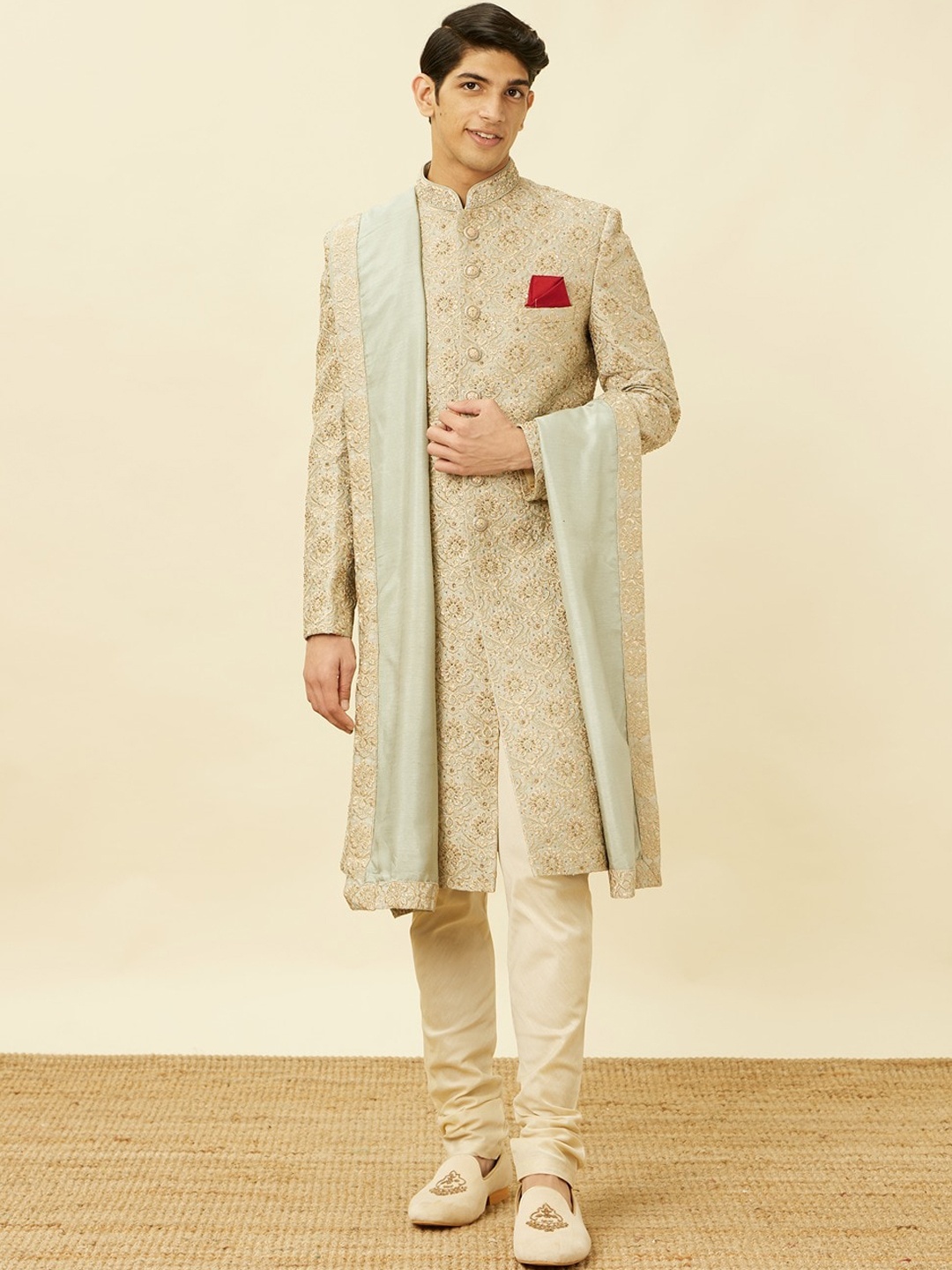 

Twamev Embroidered Sequinned Art Silk Sherwani Set, Green