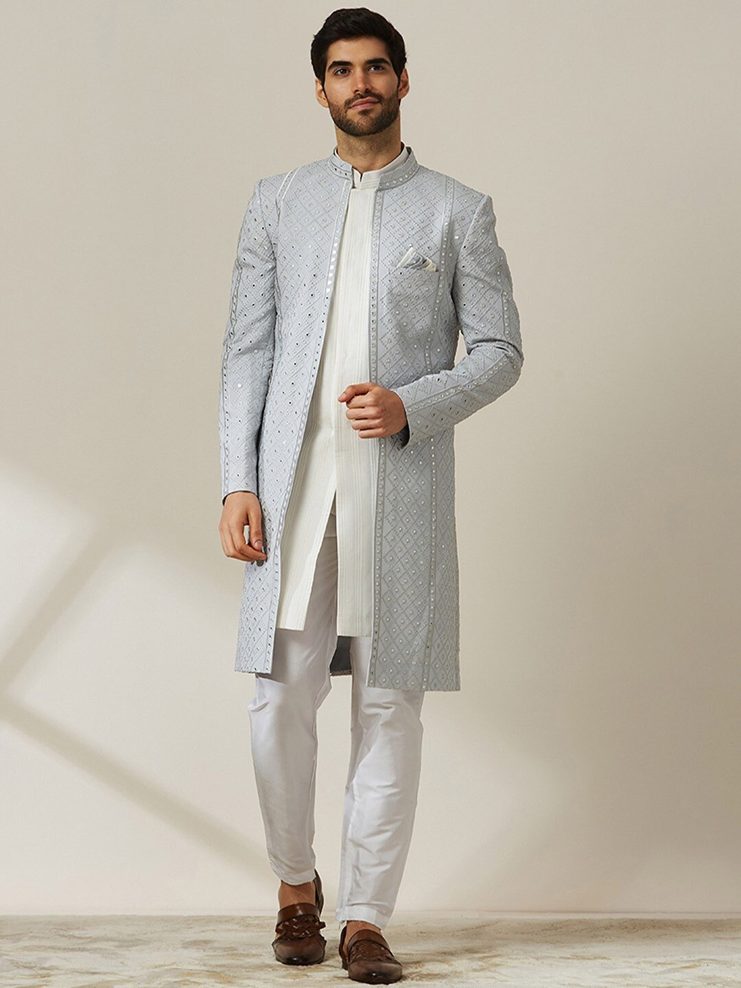 

Twamev Embroidered Mirror Work Sherwani Set, Grey